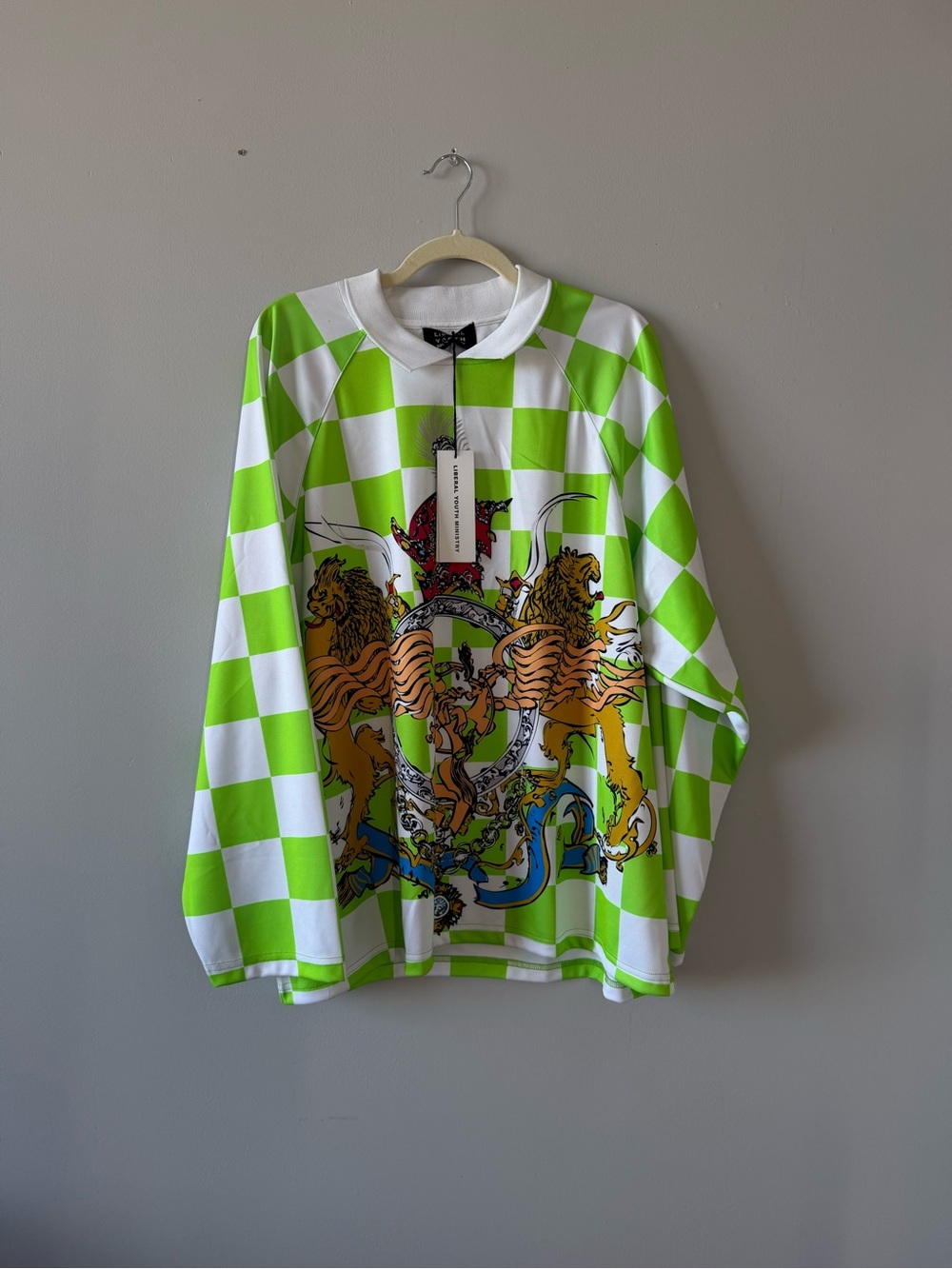 NWT Liberal Youth Ministry Men’s Lime Green Check Long-Sleeve Graphic Shirt